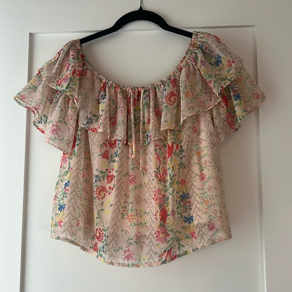 Pale pink patterned off the shoulder top